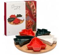 MIJOMA Set da portata natalizio, 6 pezzi, 5 ciotole a forma di albero di Natale su vassoio rotondo in legno, rosso, verde e bianco, set per salse e snack festivi per le vacanze