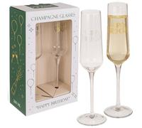 MIJOMA Set di 2 bicchieri da spumante da 200 ml, design Happy Birthday con stampa metallica, regalo per compleanno, festa, decorazione da champagne 7 x 26 cm