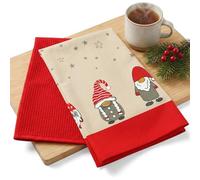 MIJOMA Set di 2 strofinacci 45 x 70 cm - Design natalizio con gnomi - 1 panno a nido d'ape in rosso e 1 panno di cotone con Xmas GNOME - Set di asciugamani da cucina decorazione e idea regalo