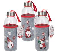 MIJOMA Set di 3 bottiglie di vetro da 400 ml - bottiglia di Natale con custodia in neoprene e coperchio in acciaio inox - Xmas Gnome Design - Riutilizzabile e certificato LFGB - Idea regalo Natale