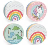 MIJOMA Set di 4 panni magici, magici, per la magia, per bambini, pensierino Tombola, 100% cotone, si dispiega in acqua calda (unicorno e dinosauro)