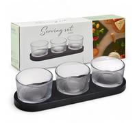MIJOMA Set di 4 pezzi - 3 ciotole in vetro a coste con vassoio in legno nero - Elegante set di snack e dipset - Moderno accessorio da tavolo - per servire e decorare