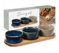 MIJOMA Set di 4 pezzi - Tre ciotole in gres in tonalità reactive vetro - Vassoio in legno di acacia FSC - per tapas, salse e momenti snack (vassoio ca. 29 × 10 × H 1,5 cm)