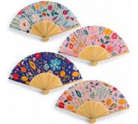 MIJOMA Set di 4 ventagli in legno - scomparti per estate, matrimonio, spiaggia, Pride & Feste, elegante set di scomparti per rinfrescarsi, scomparti pieghevoli con rivestimento in tessuto (fioritura)