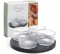 MIJOMA Set di 5 pezzi - 4 ciotole in vetro a coste con vassoio rotondo in legno nero - moderno snack & dipset - elegante decorazione da tavolo - per servire e decorare