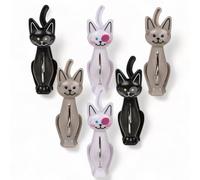 MIJOMA Set di 6 clip di chiusura per gatti, 7 cm, clip per sacchetti di plastica per alimenti e freschezza, clip per gattini bianche, grigi e neri per una chiusura affidabile