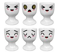 MIJOMA Set di 6 portauova, portauova, bianco con facce, decorazione #2, in porcellana, 6,5 x 5 cm