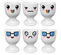 MIJOMA Set di 6 portauova, portauova, bianco con facce, decorazione #3, in porcellana, 6,5 x 5 cm