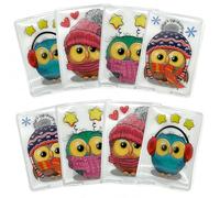 MIJOMA Set di 8 scaldamani da piegare, riutilizzabili, per bambini e adulti, con motivi alla moda, per le giornate fredde in viaggio (gufi invernali, 9,5 x 6,8 cm)
