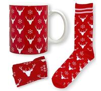 MIJOMA Set di calze per tazze, set regalo, tazza da caffè con calzini in taglia unica, 300 ml, tazza in ceramica per bevande calde e fredde, tè, caffè, cioccolata calda (tazza natalizia con renna