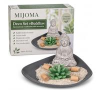 MIJOMA Set di decorazioni con candela di cactus, buddha in cemento, bastoncini decorativi in legno e sabbia decorativa su piatto in legno grigio, accessori per la casa eleganti e alla moda per