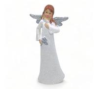 MIJOMA Statuetta decorativa a forma di angelo dipinta a mano in pietra artificiale, 14 cm, bianco/argento, con scintillii, disponibile in diversi disegni, una decorazione speciale per la tua casa.
