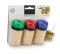 MIJOMA Stuzzicadenti in legno non trattato, stuzzicadenti a punta per igiene orale, antipasti e spiedini da cocktail, ideali per casa, gastronomia e in viaggio (3 x 200 pezzi in scatole dispenser)