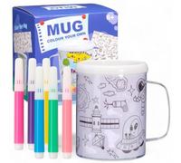 MIJOMA Tazza fai da te per bambini da colorare - Dipingi il tuo bicchiere - Tazza con 6 penne e 3 immagini da colorare - Set creativo a partire dai 6 anni - Per alimenti (dinosauri e spazio)