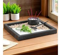 MIJOMA Zen - Set da giardino in miniatura con supporto per bastoncini di incenso e rastrello, 7 pezzi, in cemento, mini sandgarten giapponese, 20 x 20 cm, per consapevolezza e decorazione