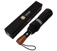 Mikafen - Ombrello antivento con manico in legno, compatto, unisex, ad apertura automatica, con 10 aste in fibra di vetro e protezione compatta