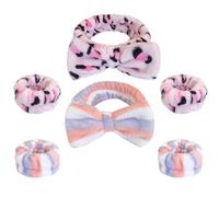 Mikikit Fascia per Chioma da Spa Fascia Fiocco Leopardato Rosa Set 6 Pezzi e Braccialetti per Lavaggio Viso in Peluche e Righe Blu-rosso, Morbida e Resistente per Cosmesi e Cura