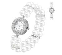 Mikikit Orologio e Pietre Decorative Accessorio Versatile Bracciale Vintage con Doppia Serie di Perline Bianche in Lega e Plastica, Elegante Feste di Natale per Donna