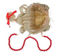 Mikikit Parrucca Cosplay Bionda Lunga con Fiocco Rosso e Collana Parrucca Sintetica Lucida per Feste e Costume di Natale Accessori per Donna e Ragazza