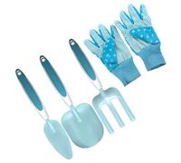 Mikikit Set di Attrezzi da Giardino per Piantare Pala, Forca e Guanti in Ferro e Plastica Blu, Multiuso e Resistente per Orti e Prati