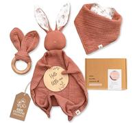 MIKITO Set Neonato, Accessori Utili in Cotone Naturale Bio Mussola con Doudou, Massaggia Gengive, Bavaglino Unisex, Idea regalo maschio o femmina per baby shower, neo genitori