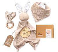 MIKITO Set Neonato, Accessori Utili in Cotone Naturale Bio Mussola con Doudou neonato, Massaggia Gengive, Bavaglino neonato. Unisex, per baby shower, neo genitori
