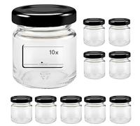 mikken 10 piccoli barattoli per conserve da 53 ml, con coperchio nero, con etichette