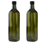 2 x bottiglie di olio da 750 ml con erogatore verde/marrone con dosatore ed etichette