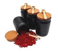 mikken 4 barattoli per spezie in ceramica nera, rotondi, 200 ml, con tappo in sughero, portaspezie in grès, con cucchiaio in legno e etichette