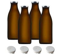 mikken 4 bottiglie di vetro da 1 litro marrone per succo/latte con 4 coperchi a vite, 4 coperchi salvafreschezza ed etichette