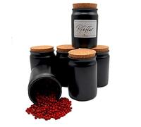 mikken 6 barattoli per spezie con tappo in sughero, colore nero, rotondi, 200 ml, in ceramica gres porcellanato con etichette