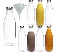 mikken 8 Bottiglie vuote in Vetro a Bocca Larga per 1,0 l, Bottiglie per Latte con Tappo a Vite Color Argento, Imbuto con Diametro di 9 cm