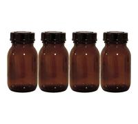 Mikken - Set di bicchieri da farmacia, colore marrone, con tappo a vite e etichette, prodotto in Germania, 4 x 125 ml