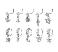 Mikovivi 10pz Anelli Pendenti per il Naso, Orecchini a Forma di L in Argento Anelli Pendenti Design a Forma di Fiore Stella Farfalla Gioielli per Piercing al Naso da Donna