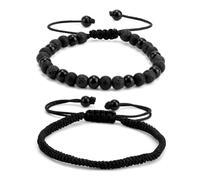 Mikovivi 2pz Bracciale da Uomo, Bracciale Onice Nero Ossidiana Lava Stile Perline e Stile Corda Intrecciata per Uomo Fantastici Regali per Anniversario San Valentino e Papà