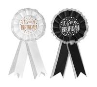 Mikovivi 2pz It's My Birthday Spilla per Donne Uomini, Tessuto Raso Happy Birthday Bottone Spilla Abbigliamento Nastro Premio Distintivo Accessorio Celebrazione per Festa Decorazione (Nero, Bianco)