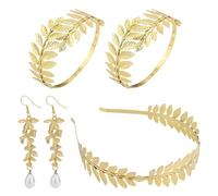 Mikovivi 4pz Set Accessori Costume Dea Greca, Fascia Corona Foglie Dorate Bracciale a Spirale Avambraccio & Orecchini Pendenti Perle Copricapo Nuziale per Matrimonio Donne Costume Toga