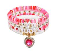 Mikovivi 5pz Braccialetti San Valentino per Donna, Braccialetti di Perline in Argilla Polimerica Forma Cuore e Bacio Accessori San Valentino Impilabili ed Elastici Gioielli Fidanzata Amante e Moglie