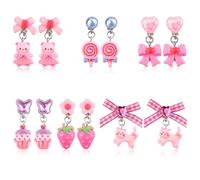 Mikovivi 6 Paia di Orecchini Pendenti Colorati a Clip, Orecchini in Resina Stile Principessa per Bambine con Lecca-lecca a Forma Orso Gatto e Torta Set di Gioielli da Vestire per Bambine