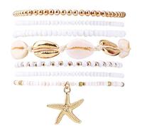 Mikovivi 7pz Braccialetti da Spiaggia Estivi per Donne, Set di Braccialetti da Surf Elastici con Perline Conchiglie Stelle Marine Impilabili Gioielli Spiaggia Vacanze Amicizie Regalo