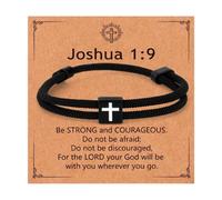 Mikovivi Bracciale con Croce Nera per Uomo, Regolabile in Corda Intrecciata con Croce Versetto Biblico Religioso 1:9 Giosuè Corda Intrecciata per Uomo Regali Cristiani