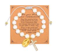 Mikovivi Bracciale per la Prima Comunione, Regalo il Battesimo Braccialetto con Perle della Vergine Maria e Ciondolo a Croce Corda Regolabile Gioiello la Cresima Cattolica per Figlioccia Donna