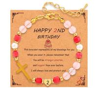 Mikovivi Braccialetto Compleanno Numero Croce per Bambine Età 1-6, 1 2 3 4 5 6 Anni Felice Compleanno Regalo Regolabile Braccialetto Perle Rosa e Bianco per Figlia Regalo Prima Comunione