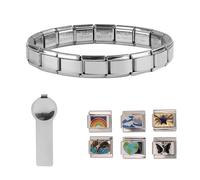 Mikovivi Braccialetto con Ciondoli Italiano, Acciaio Inossidabile Argentato Bracciale Italiano con Strumento di Apertura e 6 Ciondoli Staccabili Maglie per Braccialetti con Ciondoli Italiani