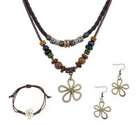 Mikovivi Collana a Strati con Perline di Legno con Orecchini a Fiore Cavo & Bracciale, Accessori Boho Hippie Unisex Gioielli Bohemien per Uomo e Donna