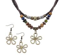 Mikovivi Collana Perline di Legno a Strati con Orecchini a Forma di Fiore Cavo, Collane Boho Hippie Gioielli Bohémien Unisex per Uomo e Donna