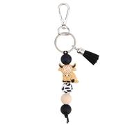 Mikovivi Portachiavi a Forma di Mucca Scozzese con Perline e Nappa, Portachiavi in Silicone a Forma di Animale Simpatico Accessorio Decorativo per Auto e Borse (Nero)