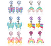Mikovivi Set di 6 Paia di Orecchini Pendenti con Clip Colorati, Senza Fori a Forma Farfalla Arcobaleno e Nuvola per Feste Accessori da Principessa da Indossare Tutti i Giorni
