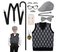 Mikovivi Set di Costume Vecchio Bambino, 10pz Costume da Nonno per Bambini Costume per il 100esimo Giorno di Scuola per Ragazzi con Cappello Papillon Gilet Bretelle Occhiali(10-12 Anni)