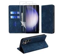 MiKoyi Cover Compatibile con Samsung Galaxy S23 Ultra 5G, [1+2Pezzi] Pellicola Protettiva Flip Caso Custodia Anti Graffio Anti-Impronte [Blocco RFID] Slot per Schede per Galaxy S23 Ultra 5G Blu